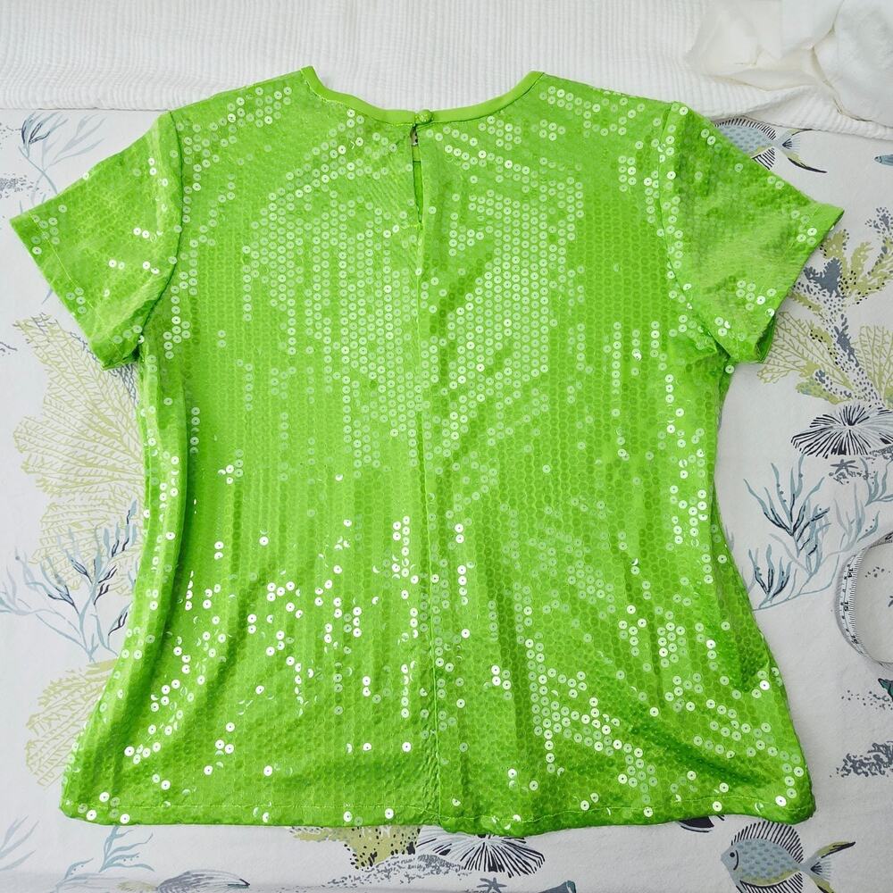 Vintage 90s Neon Green Sequined Top Rave Festival Parade Made in U.S.A. - Picture 2 of 9